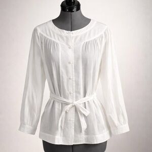 See By Chloe Cotton Button-Up Blouse, pleats, cinched tie waist, cuffs, 2, EUC